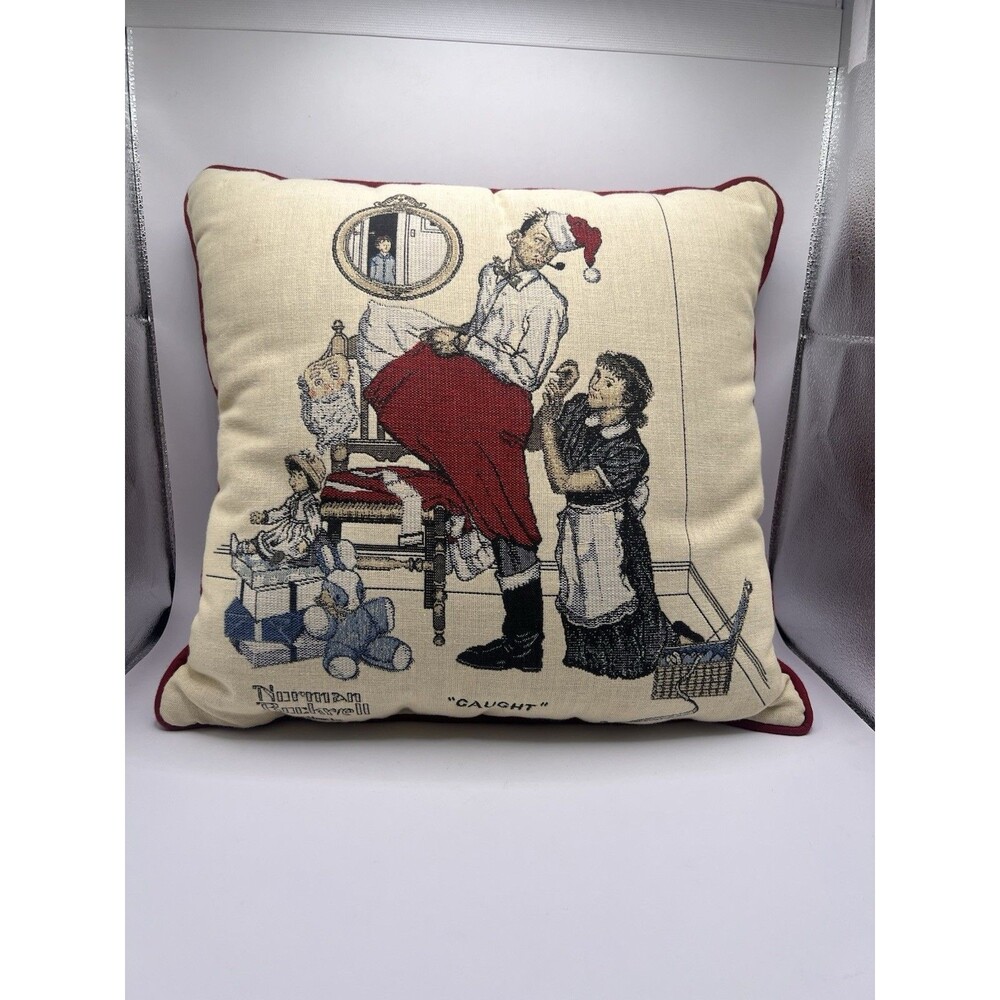 Norm Rockwell “Caught” Christmas Pillow Santa Tapestry Vintage. 16" x 14"